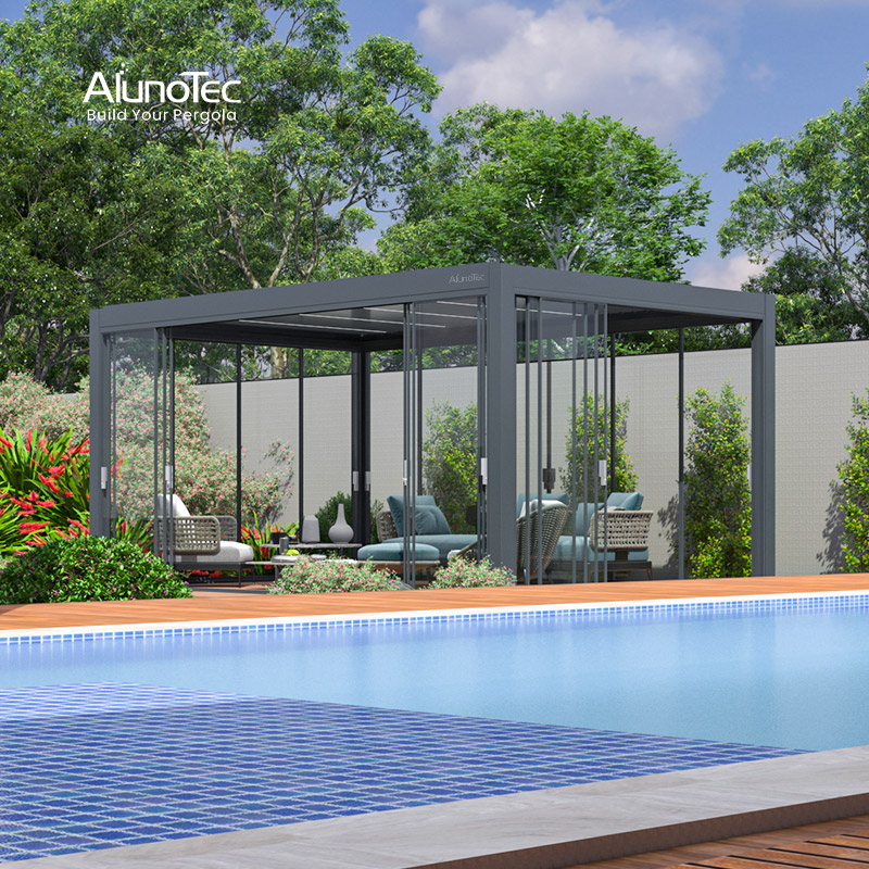 AlunoTec 4x6 4x8 backyard office garden studio pergola shade with Transparent Acoustic Glass Door