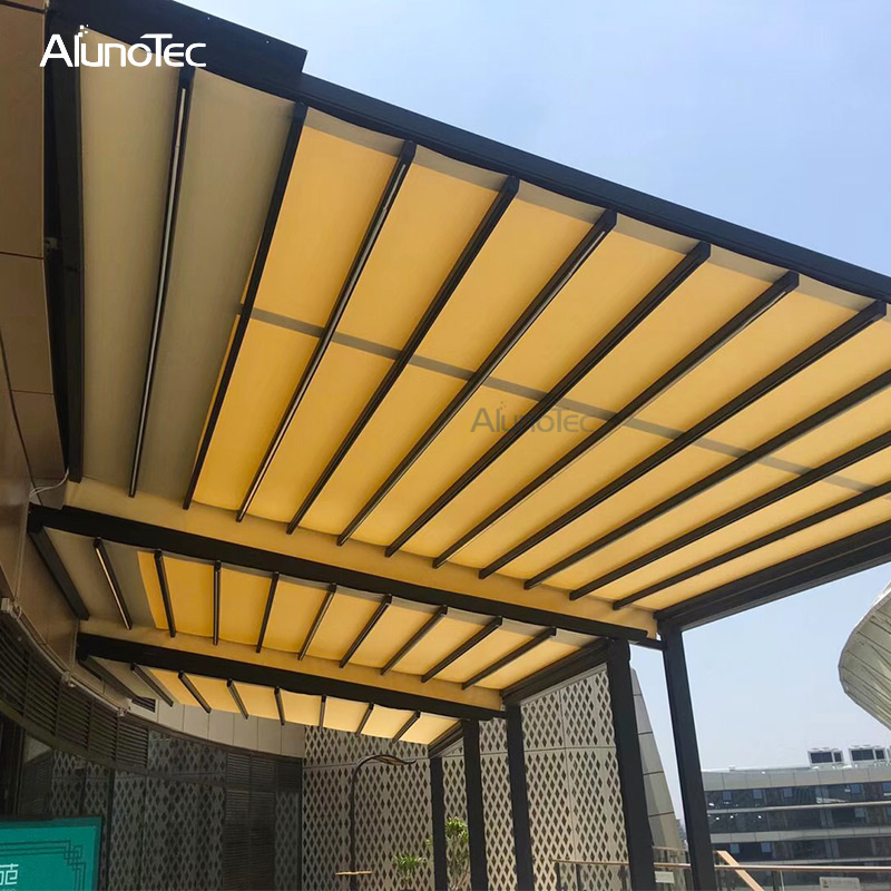 Folding Awning Retractable Roof Systems With Operable Louvers