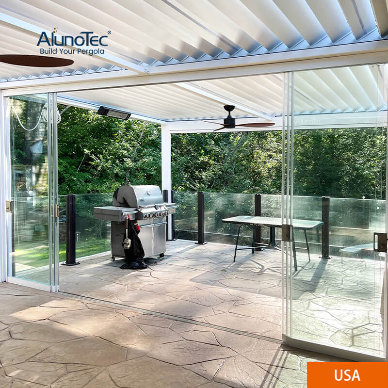 AlunoTec 4x8M Custom Louvered White Free Standing Modern Pergola Designs Attached To House with Fan
