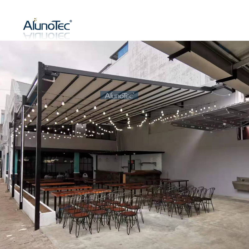 Outdoor Aluminium Waterproof PVC Folding Roof Retractable Pergola Awning System with LED Lights