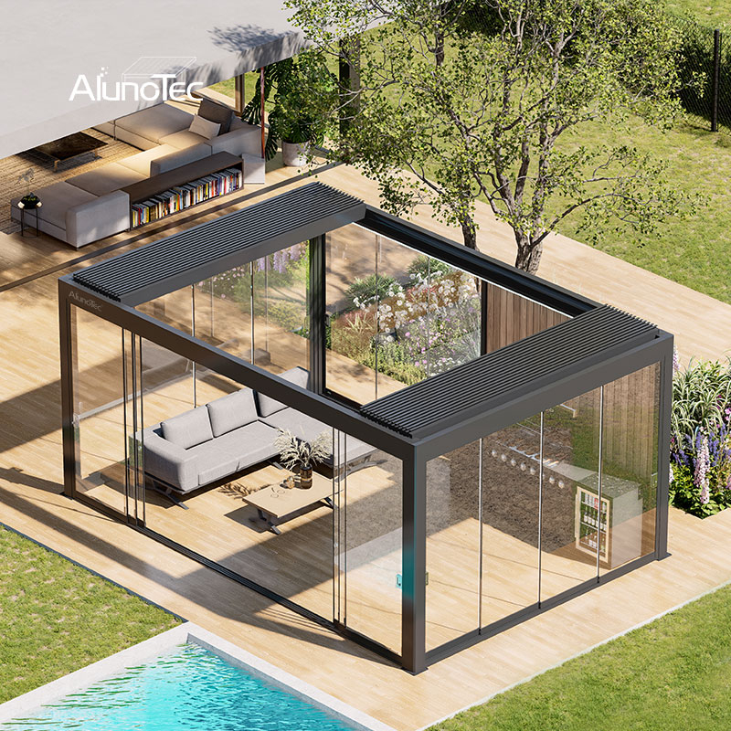AlunoTec 3x5m 10x14 Custom Motorized Louver Pergola with Retractable Roof