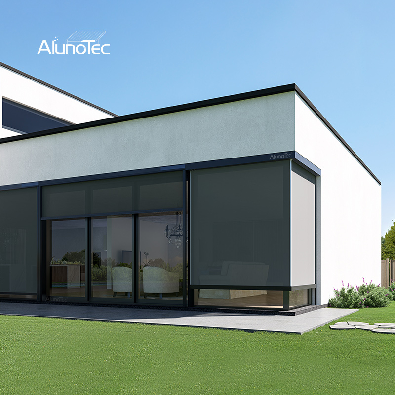  AlunoTec New Motorized Privacy 90° Corners Corner Motorized Waterproof Sunshade Flame Zipped Blinds