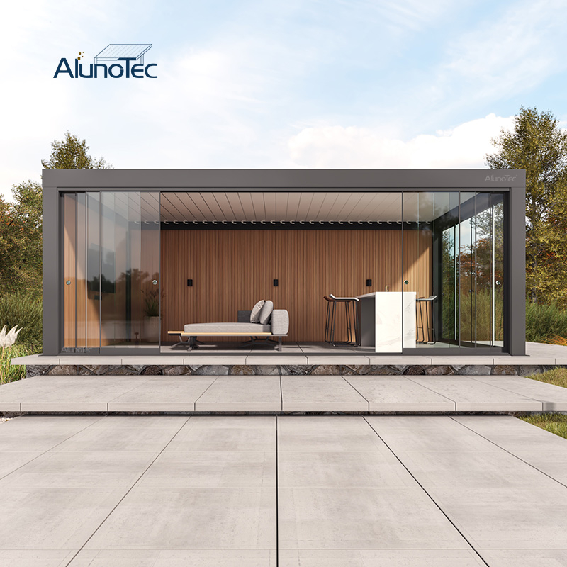 AlunoTec Modern Garden Backyard Glass Outdoor Living Room Enclosure Retractable Pergola