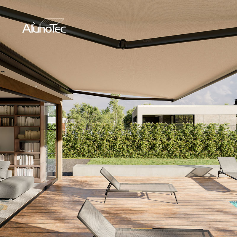 AlunoTec Motorized Sun Shade Wall Installing Full Cassette Retractable Awnings with Wind Sensors