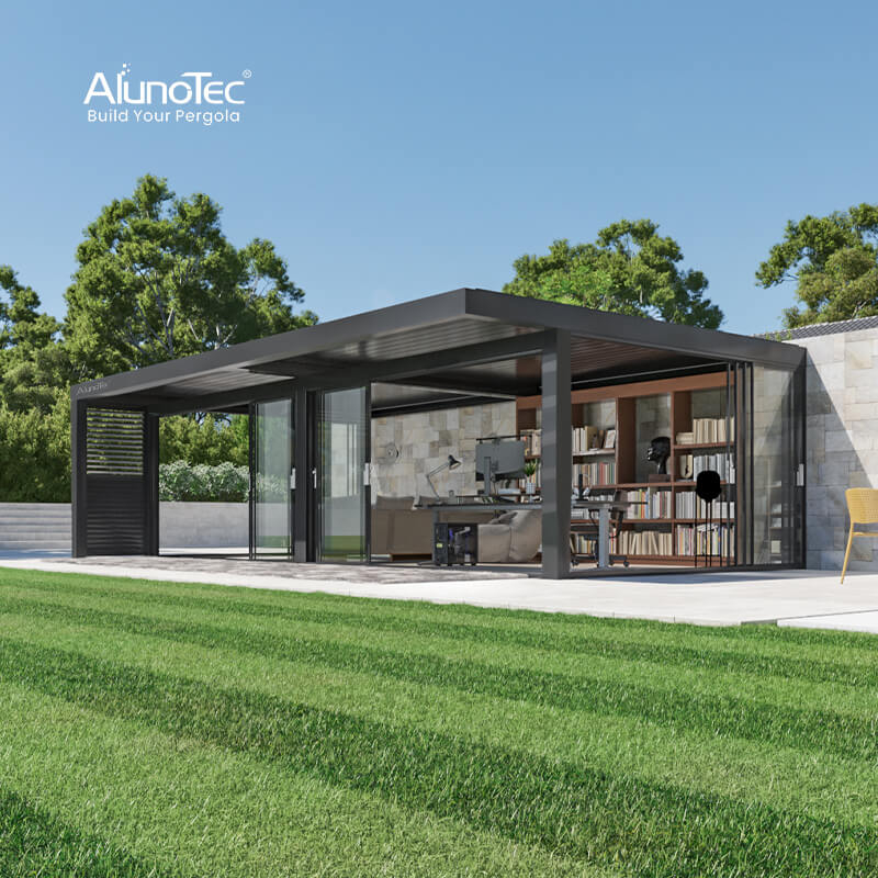 AlunoTec Mortorized 5x8M Black Wall-mounted Customized Garden Office Louver Pergola with Louvre Panel