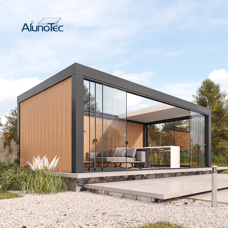 AlunoTec Modern Garden Backyard Glass Outdoor Living Room Enclosure Retractable Pergola