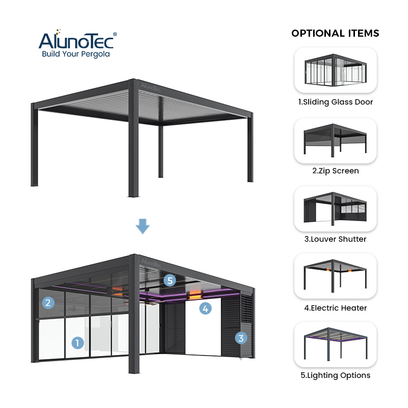 AlunoTec APP Control Fit into Existing Structure Grey Aluminum Pergola with Roof