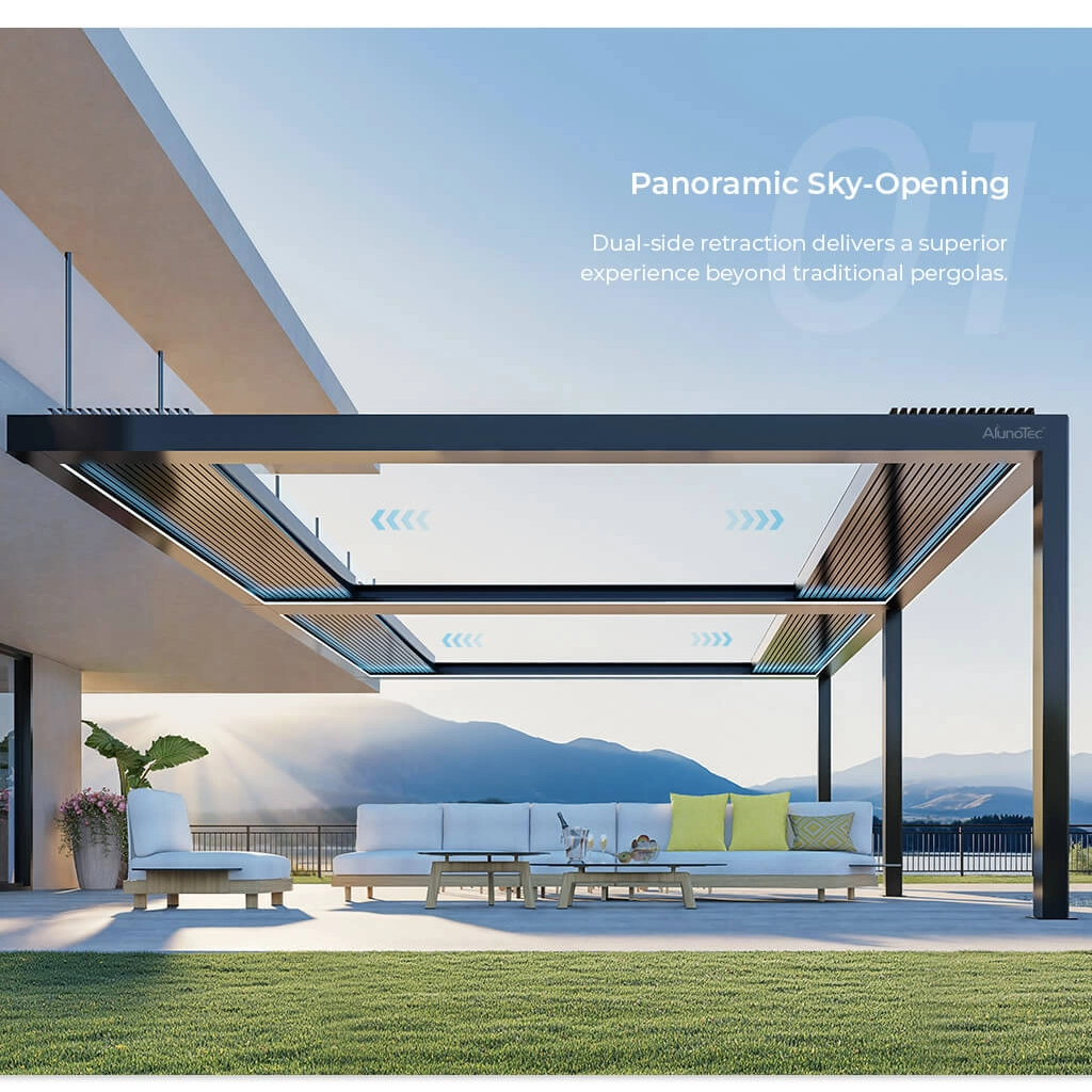 AlunoTec New Pergo-R600 Custom Motorized Panoramic Sky Opening Retractable Louver Pergola