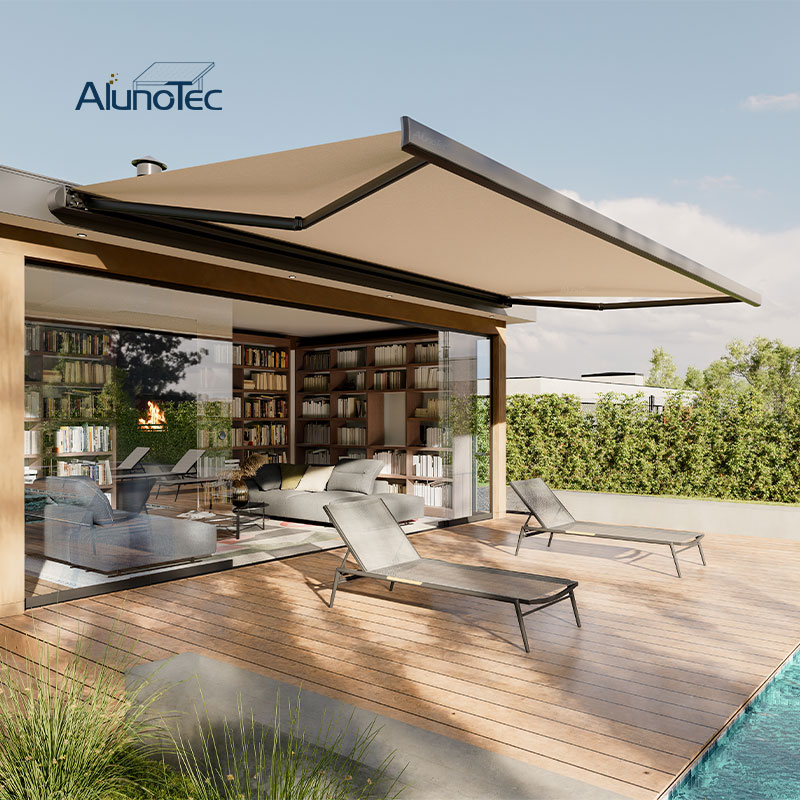AlunoTec Motorized Sun Shade Wall Installing Full Cassette Retractable Awnings with Wind Sensors