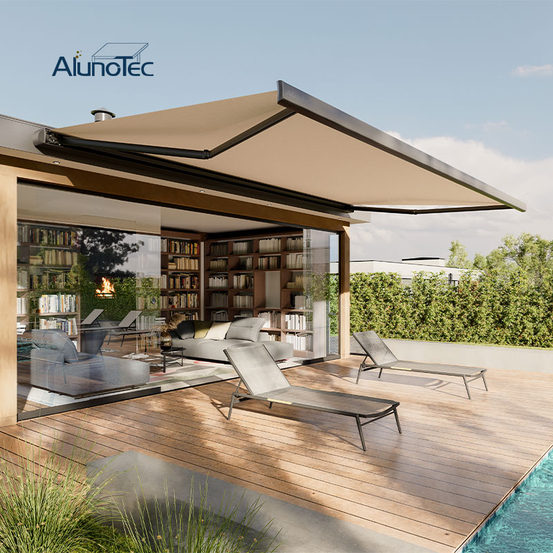 AlunoTec Motorized Sun Shade Wall Installing Full Cassette Retractable Awnings with Wind Sensors