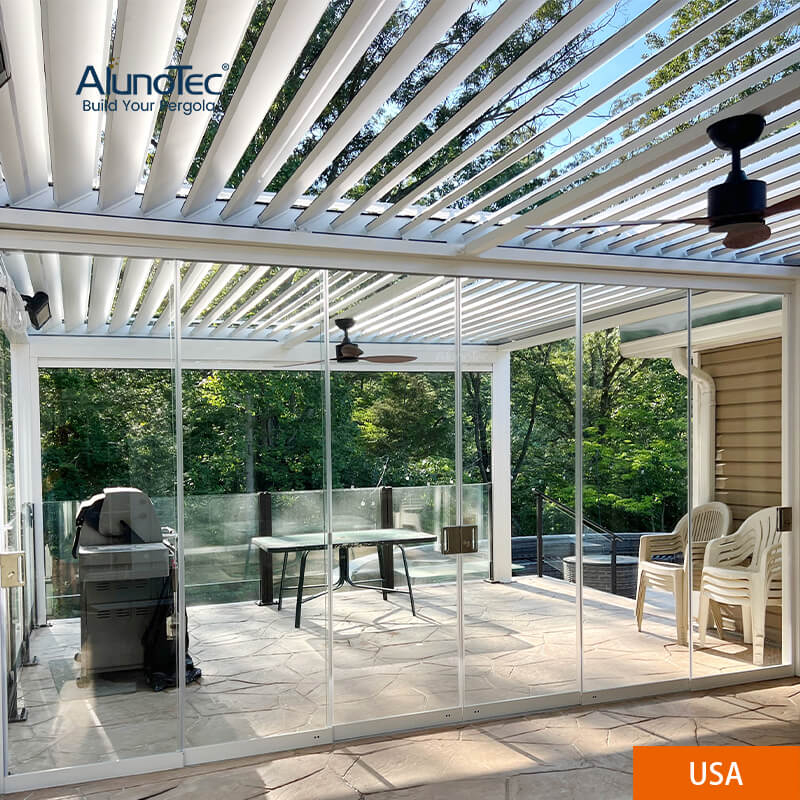 AlunoTec 4x8M Custom Louvered White Free Standing Modern Pergola Designs Attached To House with Fan