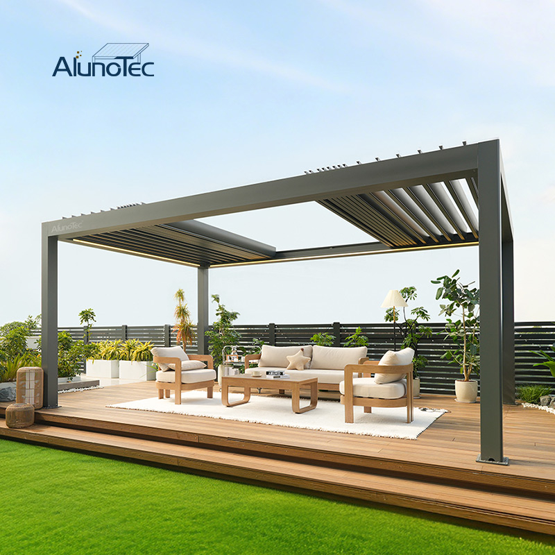 AlunoTec New 4x6m Custom Sunroom Freestanding Pergola with Full Retractable Louvered Roof