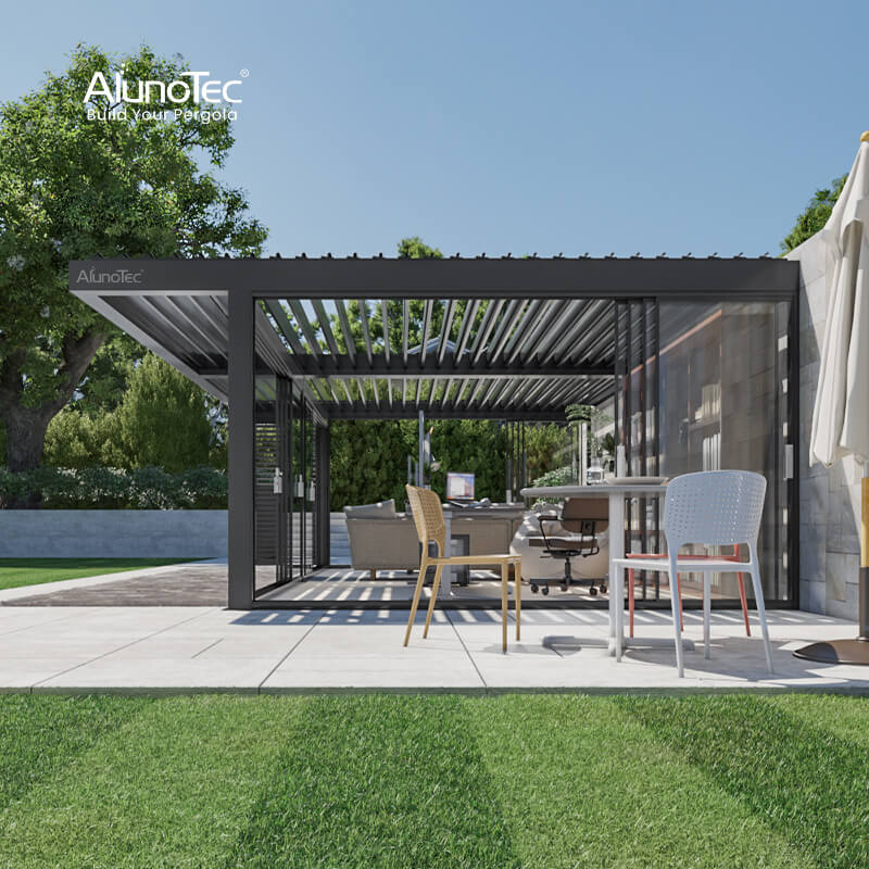 AlunoTec Mortorized 5x8M Black Wall-mounted Customized Garden Office Louver Pergola with Louvre Panel