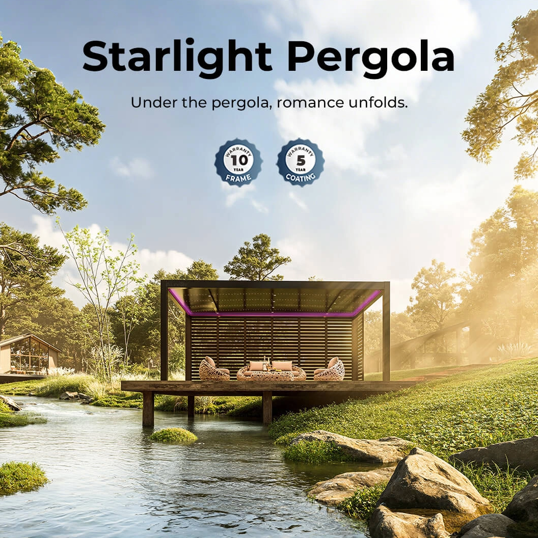 AlunoTec New 6X3.5M Custom Size 6063 T5 Freestanding Fixed Arched Roof Starlight Pergola