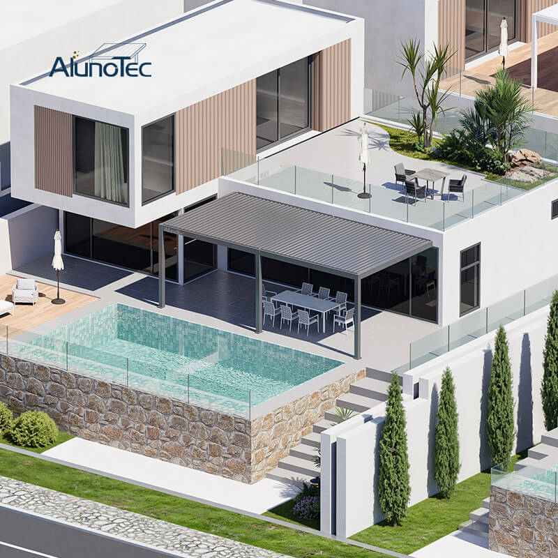 AlunoTec 4x10m 13'x33' Wall Mounted Louvered Swimming Shade Poolside Pergola