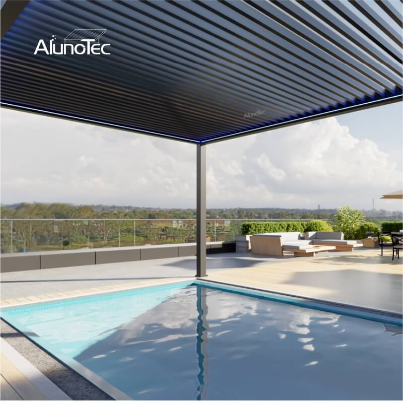 AlunoTec 4x10m 13'x33' Wall Mounted Louvered Swimming Shade Poolside Pergola