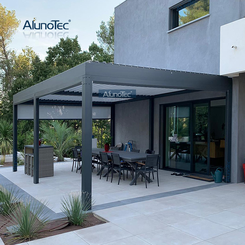 AlunoTec 6mx4.5m Structure System Pricing Motorised Shades Pergola Designs with Ceiling Fan Led lights