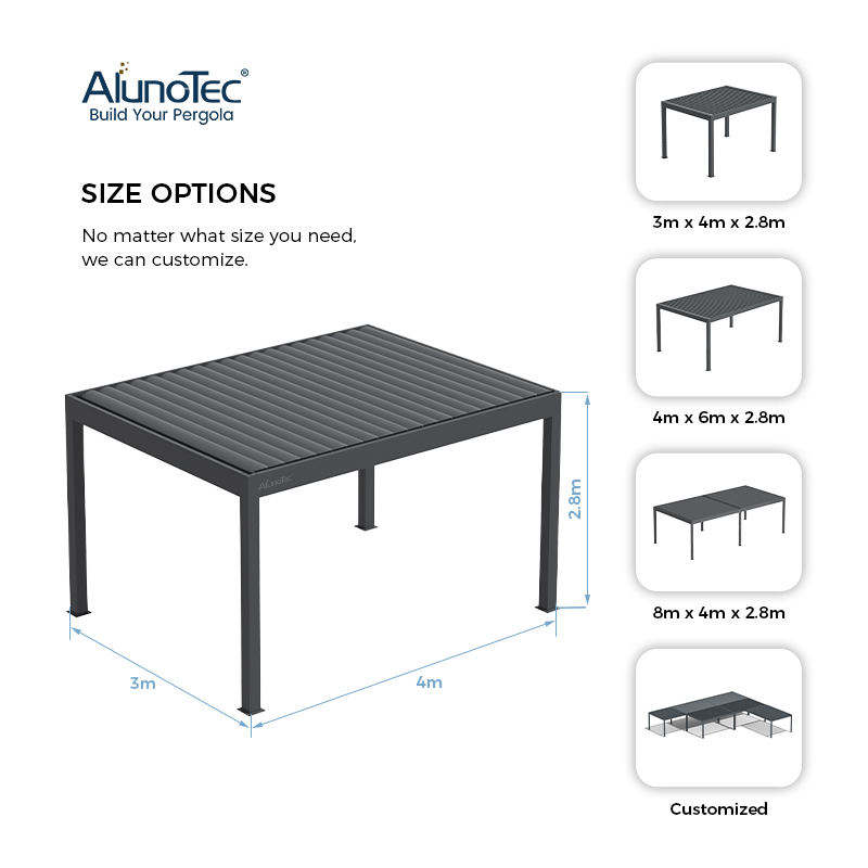 AlunoTec 4x8M Patio Outdoor House Metal Wind Resistant Pavilion Vergola Gazebo Aluminium Pergolas 