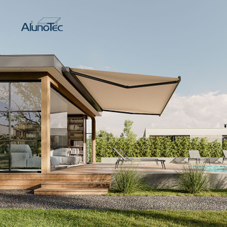 AlunoTec Motorized Sun Shade Wall Installing Full Cassette Retractable Awnings with Wind Sensors