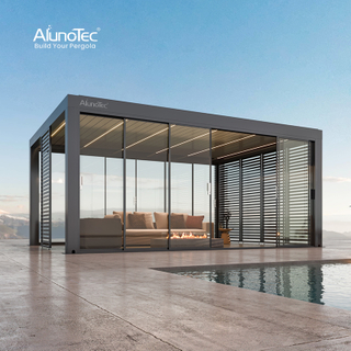 AlunoTec Custom Waterproof Patio Garden Louvered Roof Operable Pergola with Silding Glass Door
