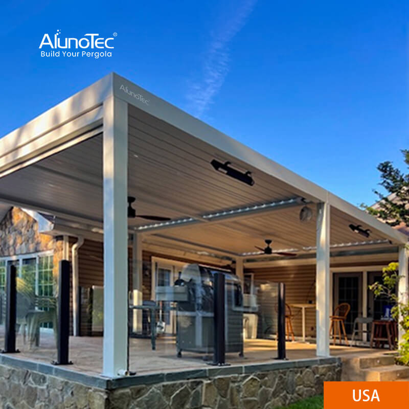 AlunoTec 4x8M Custom Louvered White Free Standing Modern Pergola Designs Attached To House with Fan