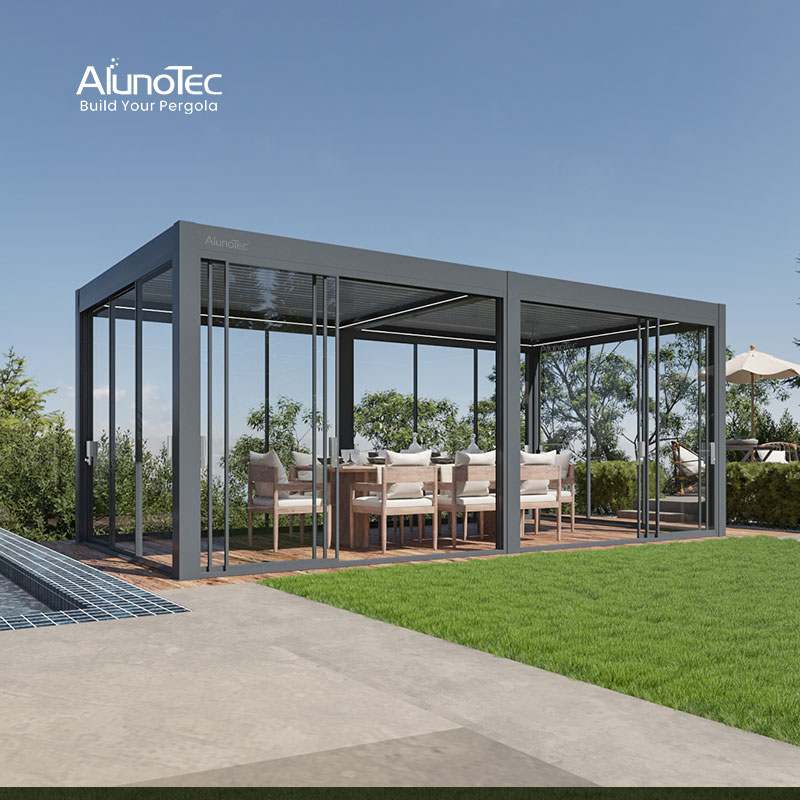 AlunoTec 10x10 Fall Patio Deck Home Commercial Aluminium Pergola Motorized Outdoor Shades