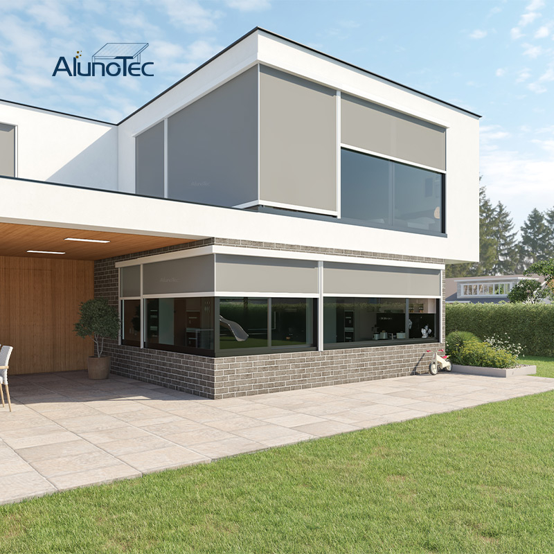  AlunoTec New Motorized Privacy 90° Corners Corner Motorized Waterproof Sunshade Flame Zipped Blinds