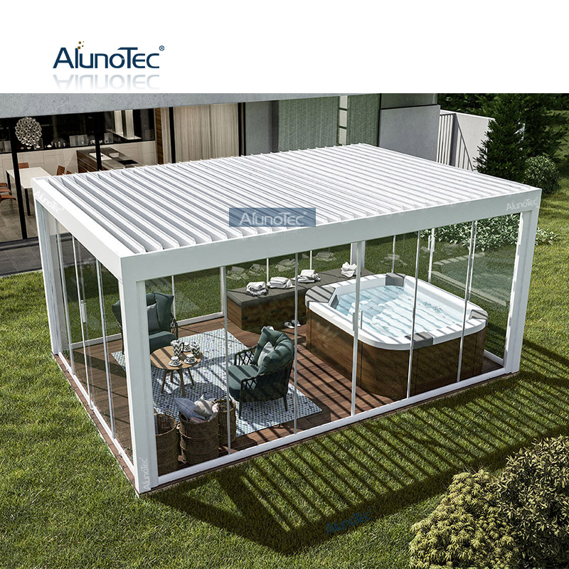 AlunoTec Outdoor Opening Roof Systems Motorized Grey 3x4 Meter Pergola Covers Designs with Fencing