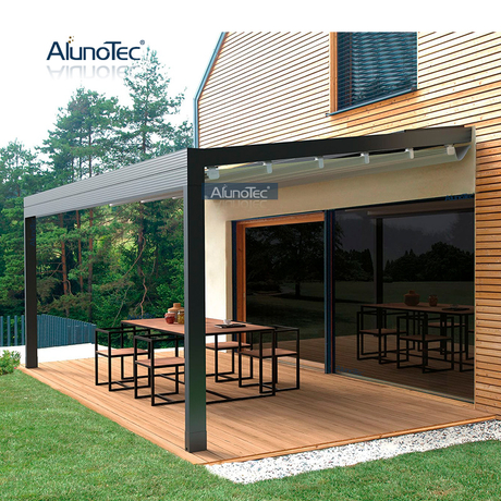 AlunoTec Windproof Metal Bioclimatic Canopy Retractable Pergola Folding Roof Awning for Outdoor