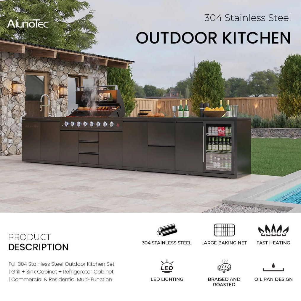 AlunoTec Patio Backyard Garden Outdoor Ovens Pizza BBQ Grill Refrigerator Kitchen Sets
