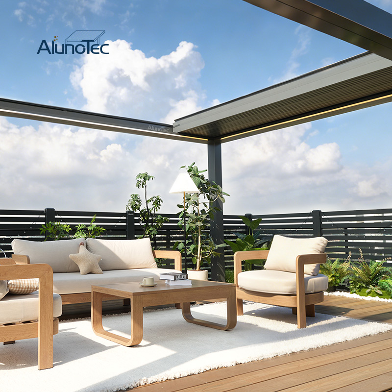 AlunoTec New 4x6m Custom Sunroom Freestanding Pergola with Full Retractable Louvered Roof
