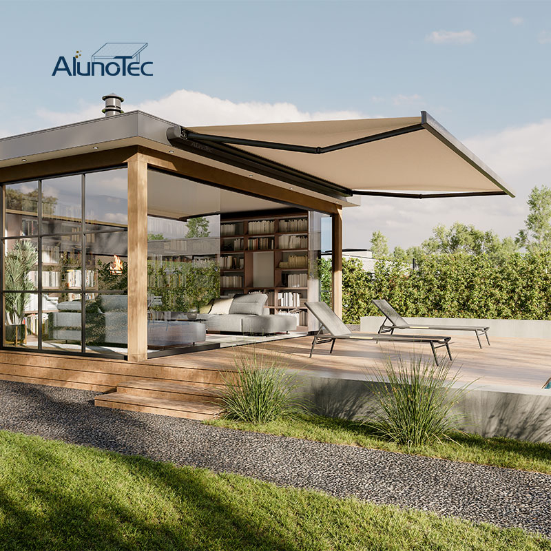 AlunoTec Motorized Sun Shade Wall Installing Full Cassette Retractable Awnings with Wind Sensors