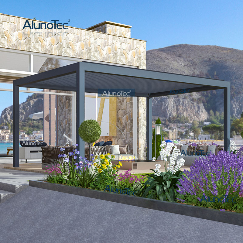AlunoTec Outdoor Shade Black Patio Attached Wall 4m Wide By 5m Long A Pergola Louvres with Led
