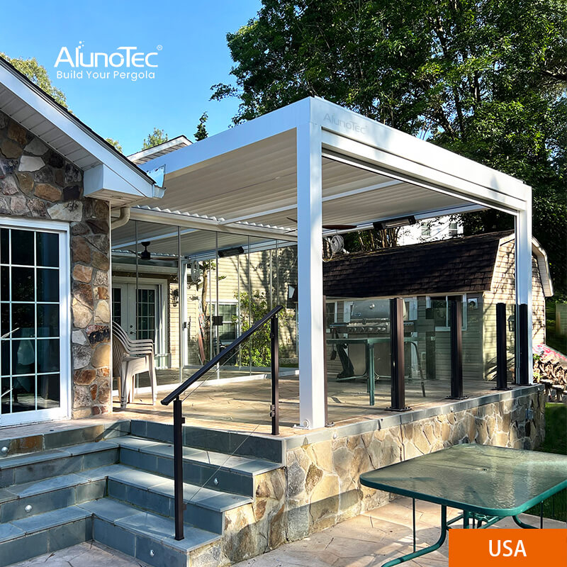 AlunoTec 4x8M Custom Louvered White Free Standing Modern Pergola Designs Attached To House with Fan