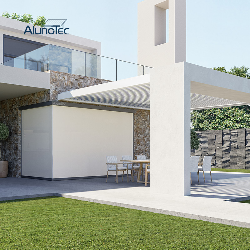  AlunoTec New Motorized Privacy 90° Corners Corner Motorized Waterproof Sunshade Flame Zipped Blinds