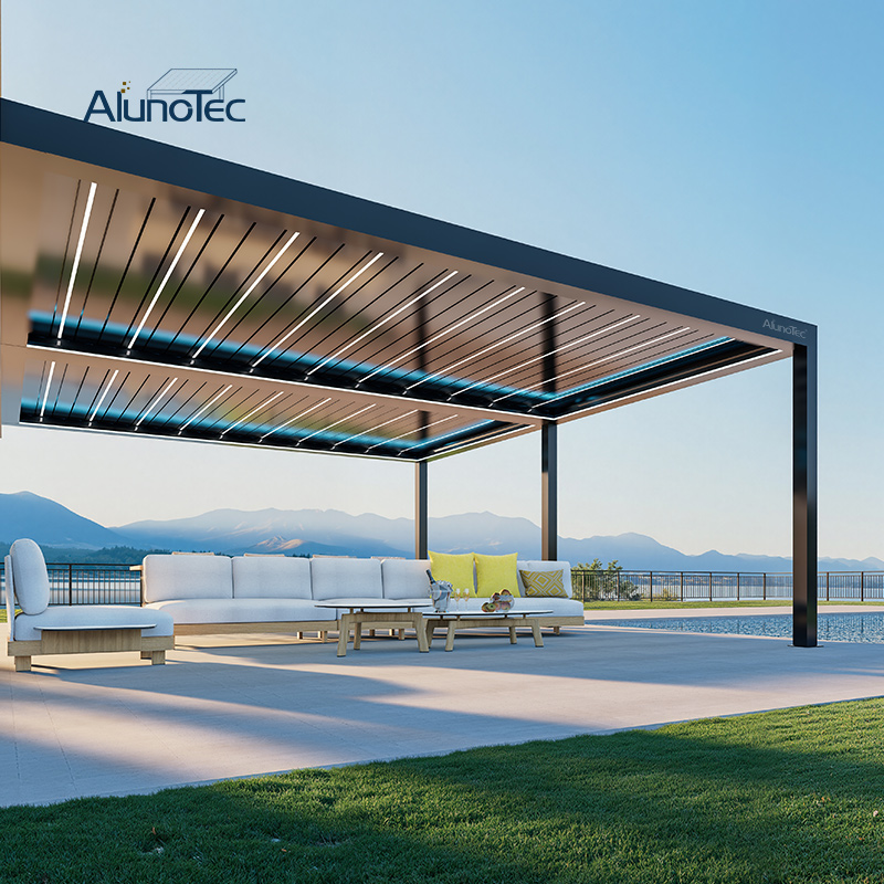 AlunoTec New Pergo-R600 Custom Motorized Panoramic Sky Opening Retractable Louver Pergola