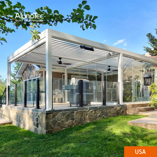 AlunoTec 4x8M Custom Louvered White Free Standing Modern Pergola Designs Attached To House with Fan