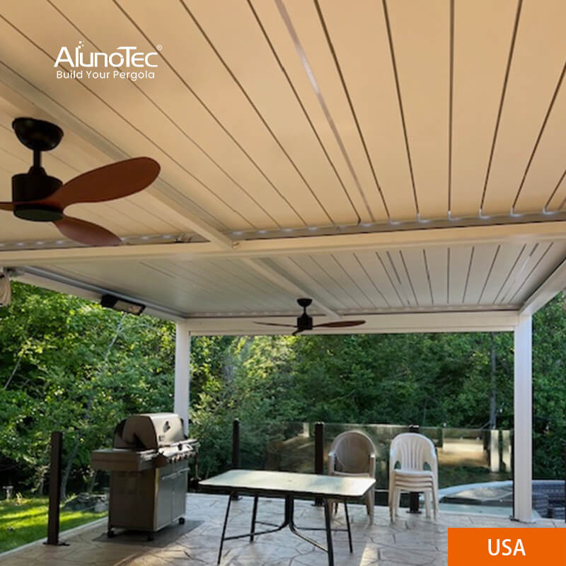 AlunoTec 4x8M Custom Louvered White Free Standing Modern Pergola Designs Attached To House with Fan