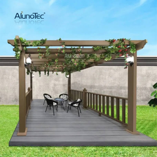 AlunoTec Wind Resistant Garden Plastic Wood Pavilion Patio Cover Roof WPC Wood Pergola Arched Gazebo Canopy