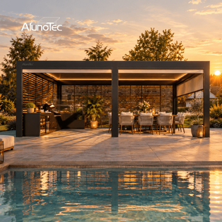 AlunoTec Heavy Duty Large Span Motorized Pergola with Outdoor Kitchen