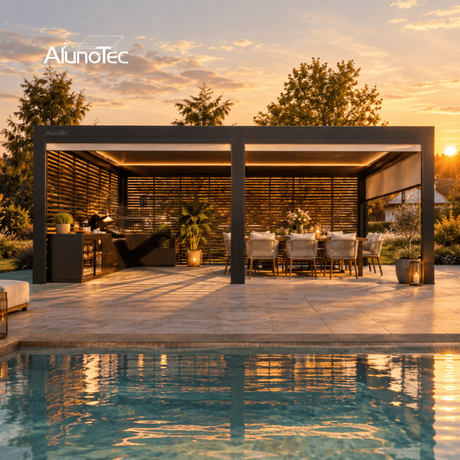 AlunoTec Heavy Duty Large Span Motorized Pergola with Outdoor Kitchen